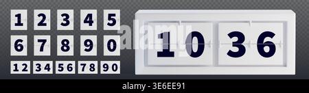 Mechanical flip clock display with countdown numbers and timer digits, realistic vector illustration isolated on transparent background. White retro scoreboard panel showing time, classic style font Stock Vector
