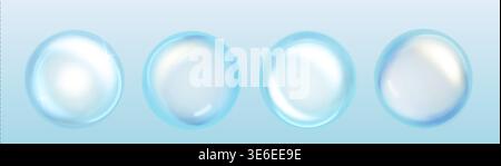 Transparent water or soap spheres, realistic droplets and glass-like surface. 3D vector illustration of collagen or serum liquid ball with clear moisture effect, beauty and cosmetic designs. Stock Vector