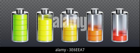3D battery charge icon set from empty to full levels, realistic vector illustrations isolated on transparent background. Smartphone power indicators with neon color bars, mobile device energy status Stock Vector
