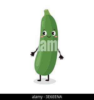 Cute zucchini character with happy face green summer squash vegetable vector illustration Stock Vector