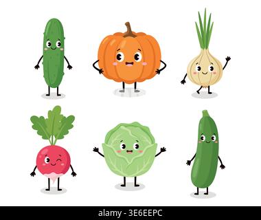 Cute vegetable characters set with happy faces cucumber pumpkin onion radish cabbage zucchini Stock Vector