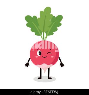 Cute radish character with happy winking face and green leaves pink root vegetable vector Stock Vector