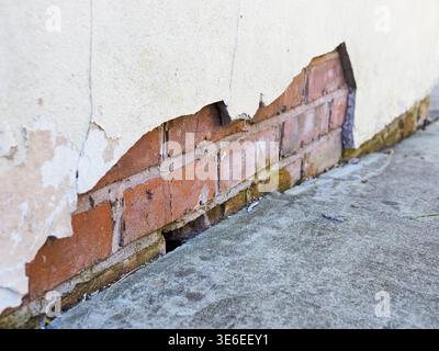 Deteriorated building foundation showing peeling stucco, exposed red bricks with cracks, dampness, and green mold indicating structural issues and nee Stock Photo