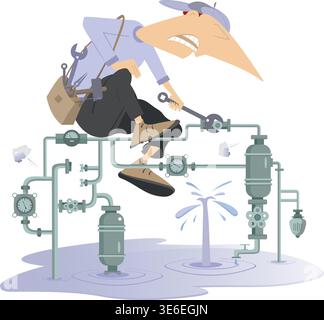 Mechanic. Broken pipe construction. Breakdown. Pipefitter with a wrench repairs pipe construction to stop water, gas, oil flow Stock Vector
