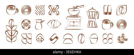 Geometric coffee pattern in minimalist Bauhaus style. Geometric line drawing. Abstract print background with simple shapes for coffee shop, food packaging, cafe wall. Stock Vector
