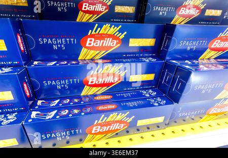Samara, Russia - March 23, 2025: Packaged Italian pasta Barilla on a shelf in a superstore Stock Photo
