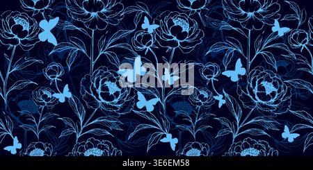 Seamless floral background with blue neon peonies and butterflies Hand drawn. Not AI, vector illustration. Stock Vector