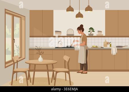 Woman cooking in modern japandi kitchen with dining table vector illustration. Stock Vector