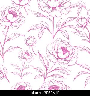 Delicate white seamless pattern with pink peonies. Hand drawn. Not AI, vector illustration. Stock Vector