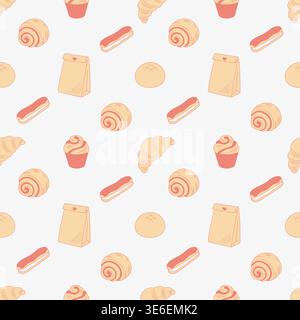 Bakery seamless pattern with hand drawn croissants and eclairs vector illustration. Stock Vector