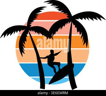 Tropical Surfing Sunset Vector – Palm Trees, Ocean Waves, and Surfer Silhouette Summer Beach Illustration Stock Vector