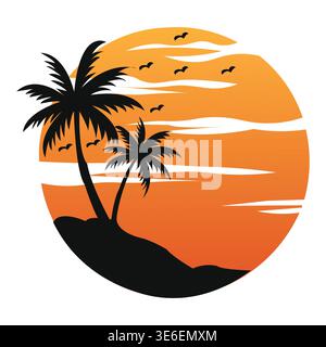 Tropical Sunset with Palm Trees Vector – Summer Beach, Island Paradise, and Exotic Vacation Illustration Stock Vector