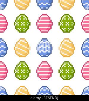 Colorful pixelated Easter eggs seamless pattern. Four painted colorful eggs. 8-bit elements in the retro style. Vector illustration. Stock Vector