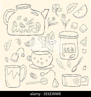 Hand drawn tea set doodle collection with teapot, cup, herbs and ingredients Stock Vector