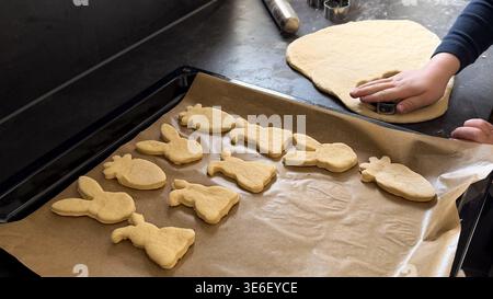 Child's hand pressing cookie cutter into rolled dough on baking tray with various shaped cookies ready for baking in a kitchen setting Stock Photo