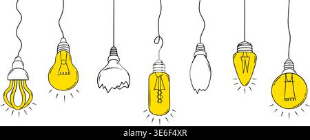 Hanging lamp bulbs. Banner with various glass lamps on ropes. Whole and broken bulb. Metaphor of new ideas, creative mindful, neoteric doodle vector Stock Vector