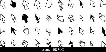 Doodle arrow cursor. Interface navigation symbols, black arrow and hands like click or pointer. Digital selection elements, hand drawn computer screen Stock Vector
