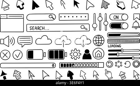 Doodle user interface. Black arrow pointers, upload, loading spinners, searching bar. Battery charge icon, voice assistant, equalizer and password Stock Vector