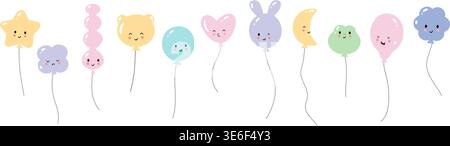 Funny balloons characters. Isolated flying balloon heart, bear, bunny, crescent, star. Decoration for party, birthday, anniversary, celebration Stock Vector