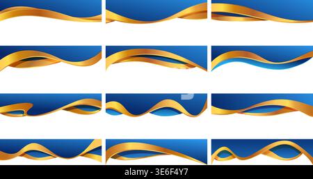 Wave headers set. Blue gold waving banners for presentation, posters, corner and header. Curve lined design elements, decorative shapes, sapid vector Stock Vector