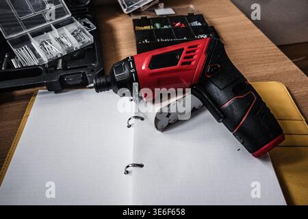 Tools are set for a DIY project on a table Stock Photo