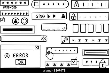 Doodle verification and security. Various interface bars for input password or personal code. Banking, identification on website panels, neoteric vect Stock Vector