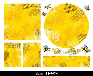 Set of yellow honeycomb backgrounds. Hand drawn. Not AI, vector illustration. Stock Vector