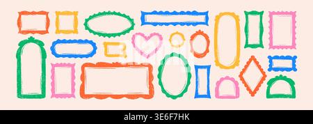 Quirky funky crayon hand drawn doodle frames set. Kid photo, picture, mirror pencil cute border. Irregular circle, round, oval, rectangle, square, hea Stock Vector
