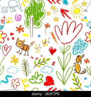 Children's cheerful background seamless pattern from children's drawings . Hand drawn. Not AI, vector illustration. Stock Vector