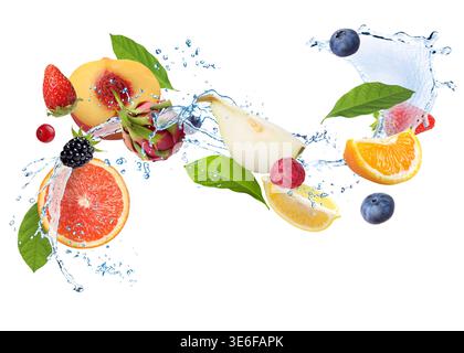 Fresh fruits and water splash in air against white background Stock Photo