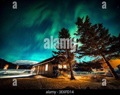 Aurora borealis swirls over a cozy lit cabin and snowy pines near Tromso in Norway’s Lapland, with stars and winter mountains creating a serene Arctic Stock Photo