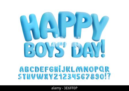 3D inflatable blue balloon font, bubbly alphabet letters and numbers. Cute plump Y2K typography for kids nursery, sweet posters. Joyful colorful game Stock Vector