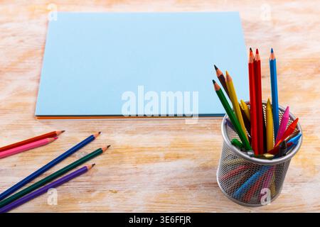 School stationery on wooden table Stock Photo