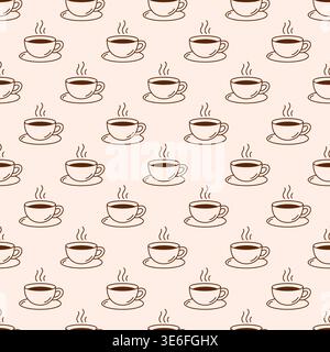 Seamless pattern with hot teacups on beige background. Minimal brown outline vector print Stock Vector