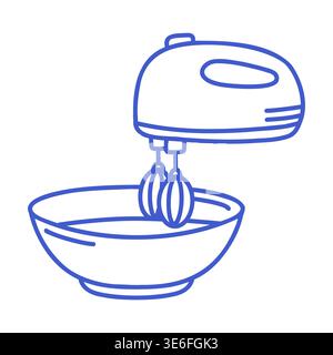 Hand mixer over bowl in blue line art style. Hand drawn icon of Cooking process. Outline vector isolated illustration. Stock Vector