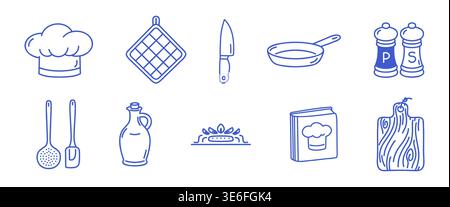 Kitchen essentials set of isolated outline illustrations. Blue line vector icons on white background. Stock Vector