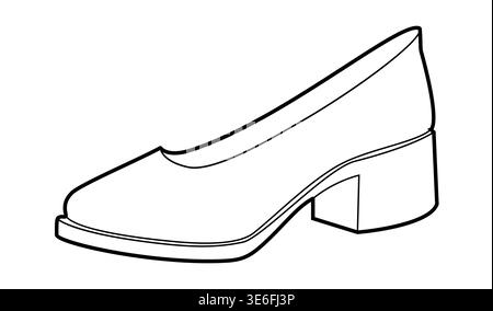 Block heel pump shoe women single sketch. Closed toe dress shoe for workday, conference, smart wardrobe. Technical fashion illustration, CAD mockup, clean vector men unisex isolated business style. Stock Vector
