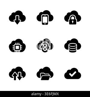 Cloud computing black glyph icons set, cloud storage collection Stock Vector