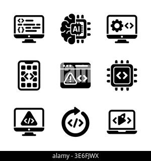 Set of AI and Coding Solid Icons for Technology Concepts Stock Vector