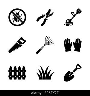 Gardening Tools Black Silhouette Icons Set on White Background Stock Vector