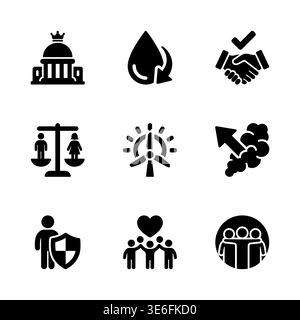 ESG and sustainable development black glyph icons set on white Stock Vector