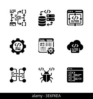 Software development and coding icons, solid black glyph style Stock Vector