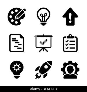 Set of Black Silhouette Icons Representing Creative Business Process Stock Vector