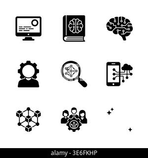 Artificial Intelligence and Machine Learning Vector Icons in Black Stock Vector