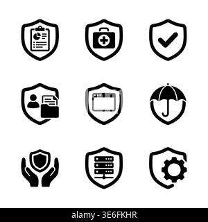 Set of black shield icons with different symbols inside Stock Vector