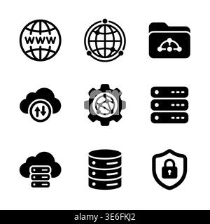 A set of solid lineal style icons representing various aspects of data networks, system administration, cloud computing, internet connectivity Stock Vector
