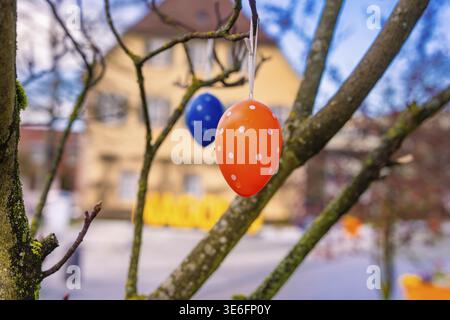 Colourful Easter eggs in a tree with blurred building in the background, Nagold, Calw district, Germany Stock Photo