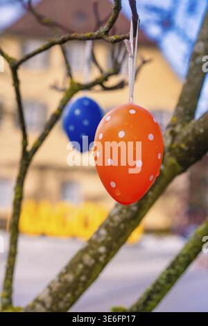 Two colorful Easter eggs hanging on a tree, blurred background, Nagold, Calw district, Germany Stock Photo