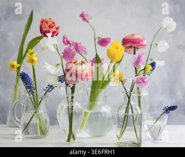 Beautiful flowers bouquets in glass vases on the wooden table.Tulips, roses, muscari, narcissus, eustoma and hyacinths Stock Photo
