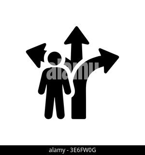Man standing at crossroads with three arrows pointing in different directions Stock Vector